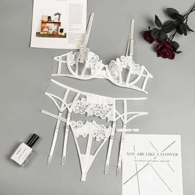 Melltartó + Bugyi + Harisnyakötő,5 Szín S-XL Hímzés Intim Ultravékony Push Up Fehérnemű szett Női Szexi Fehérnemű Átlátszó