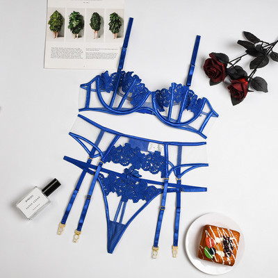 Melltartó + Bugyi + Harisnyakötő,5 Szín S-XL Hímzés Intim Ultravékony Push Up Fehérnemű szett Női Szexi Fehérnemű Átlátszó