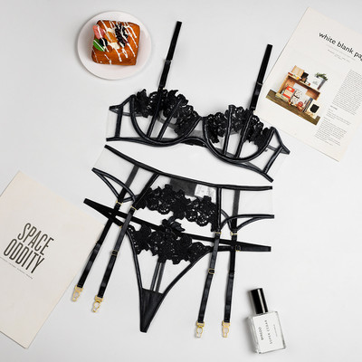 Melltartó + Bugyi + Harisnyakötő,5 Szín S-XL Hímzés Intim Ultravékony Push Up Fehérnemű szett Női Szexi Fehérnemű Átlátszó