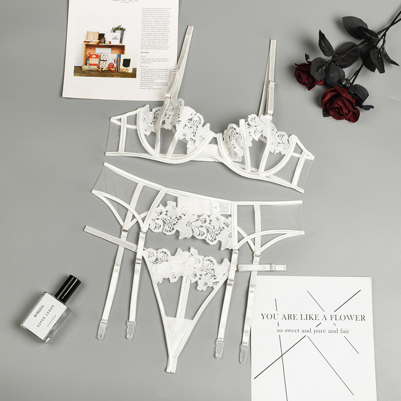 Melltartó + Bugyi + Harisnyakötő,5 Szín S-XL Hímzés Intim Ultravékony Push Up Fehérnemű szett Női Szexi Fehérnemű Átlátszó