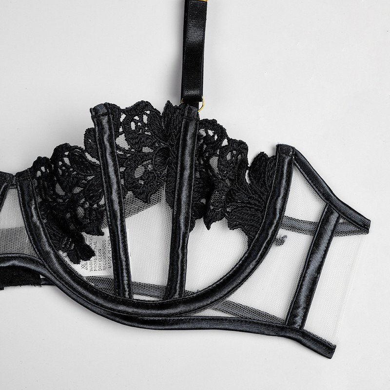Melltartó + Bugyi + Harisnyakötő,5 Szín S-XL Hímzés Intim Ultravékony Push Up Fehérnemű szett Női Szexi Fehérnemű Átlátszó