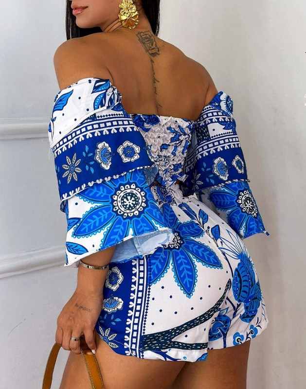 2 daļiņu komplekts, sieviešu apģērbs, 2024. gada vasaras ziedu apdruka, izlocīta no pleciem un kabatas ar augstu vidukli, dizaina aukliņu šortu komplekts