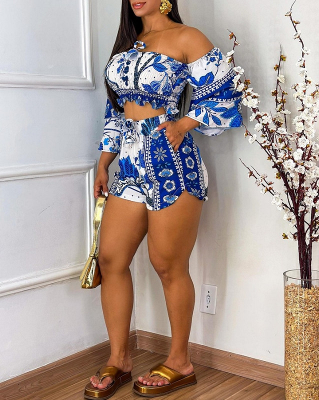 2 daļiņu komplekts, sieviešu apģērbs, 2024. gada vasaras ziedu apdruka, izlocīta no pleciem un kabatas ar augstu vidukli, dizaina aukliņu šortu komplekts