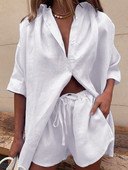 Sieviešu ikdienišķs divdaļīgs tērps ar īsām piedurknēm pogām, lielizmēra krekli un savelkamu šortu komplekti vasaras atpūtas apģērbi, ielas apģērbi