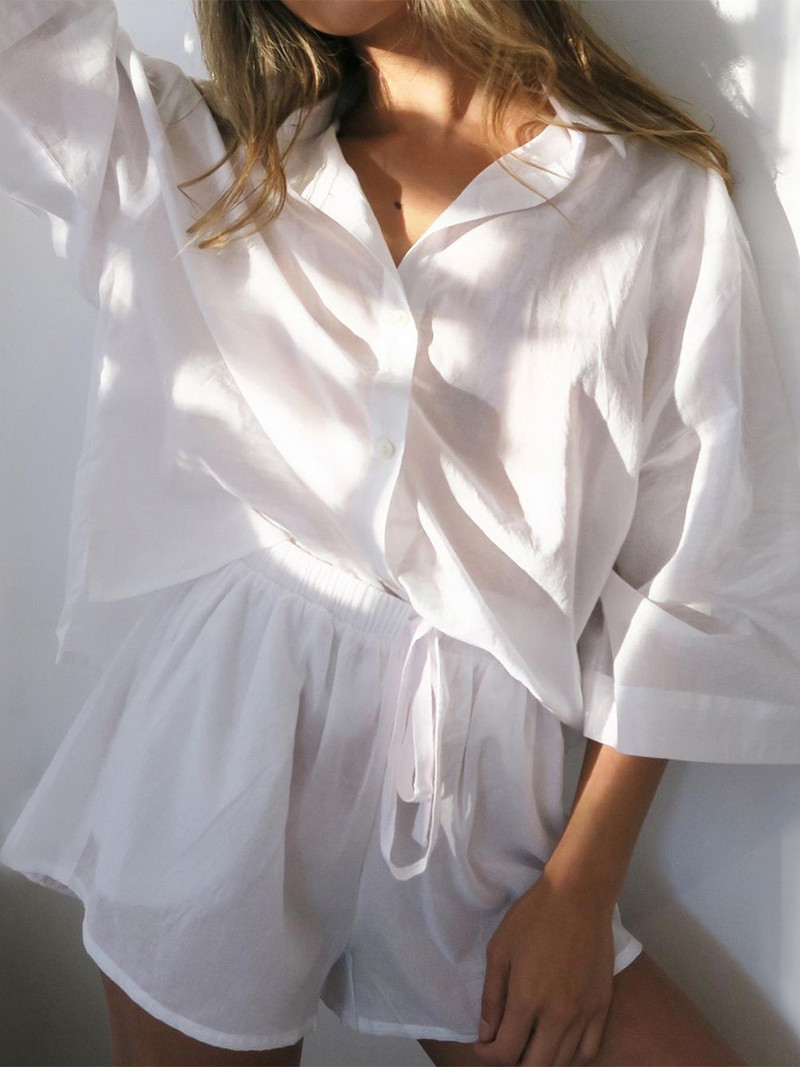 Sieviešu ikdienišķs divdaļīgs tērps ar īsām piedurknēm pogām, lielizmēra krekli un savelkamu šortu komplekti vasaras atpūtas apģērbi, ielas apģērbi