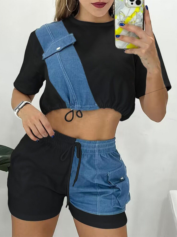 Vasaras ikdienas sieviešu krāsains džinsa plāksteris ar O veida kakla izgriezumu, īsām piedurknēm augšdaļa un aukliņu šortu komplekts, divu gabalu uzvalku komplekts.