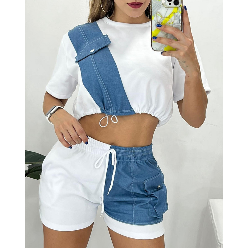 Vasaras ikdienas sieviešu krāsains džinsa plāksteris ar O veida kakla izgriezumu, īsām piedurknēm augšdaļa un aukliņu šortu komplekts, divu gabalu uzvalku komplekts.