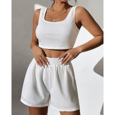 Svježi i slatki komplet kratkih hlača za djevojčice 2023. Ljeto, ležerni ženski pleteni rebrasti dvodijelni top bez rukava s U-izrezom i kratke hlače