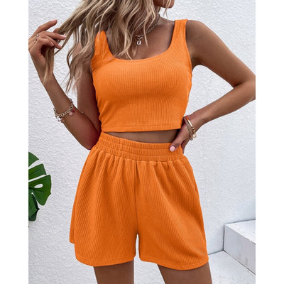 Svježi i slatki komplet kratkih hlača za djevojčice 2023. Ljeto, ležerni ženski pleteni rebrasti dvodijelni top bez rukava s U-izrezom i kratke hlače