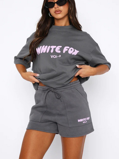 Apdrukāti burti Retro sieviešu īsās bikses Vasaras dāmu eleganti savilkšanas aukliņi, vienkrāsaini T-krekli puloveri, estētiski 2 dab. lielizmēra tērpi