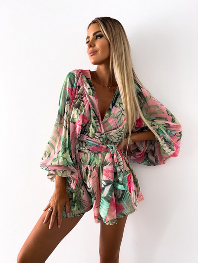 Szexi, mély V nyakú Jumpsuit Női Nyári Alkalmi Boho Beach Vacation Outfit Divatnyomtatás Lámpás Ujjú Rompers Rövidnadrág Női