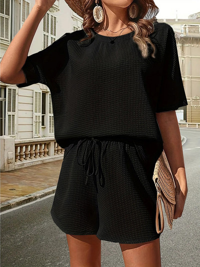 Ženski jednobojni gornji dio polurukava i kratki dvodijelni set 2024. Elegantno sportsko odijelo od baršuna Ženski ljetni modni set s elastičnim strukom