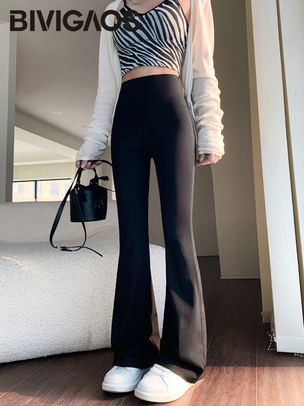 Pavasaris Vasaras Haizivīdas mikro uzliesmojošās bikses Sievietēm cieši pieguļošs ar augstu vidukli Ikdienas legingi Pakavs Bikses Melnas Slaidas Bikses