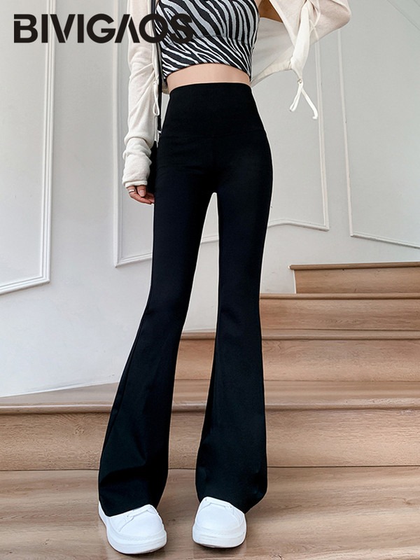 Pavasaris Vasaras Haizivīdas mikro uzliesmojošās bikses Sievietēm cieši pieguļošs ar augstu vidukli Ikdienas legingi Pakavs Bikses Melnas Slaidas Bikses