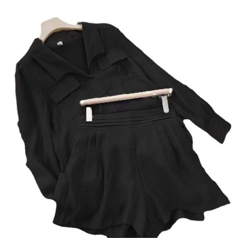 Jauns pavasara vasaras vienkrāsains šorti, kostīms sievietēm, vienkārši ikdienas krekli ar garām piedurknēm šorti 2 daļīgs komplekts sporta modes dāmu apģērbs