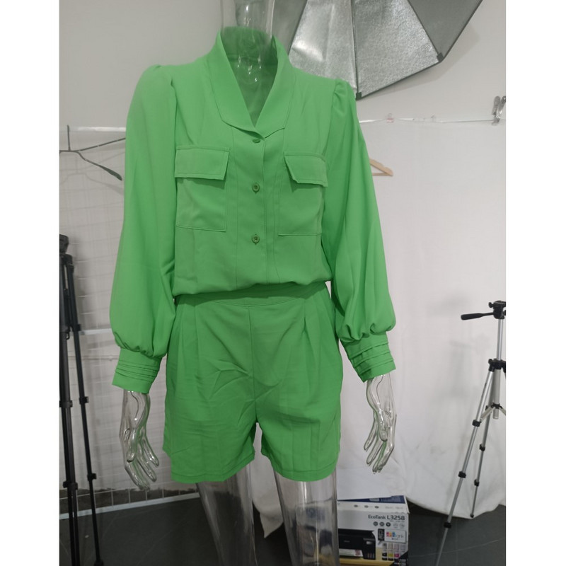 Jauns pavasara vasaras vienkrāsains šorti, kostīms sievietēm, vienkārši ikdienas krekli ar garām piedurknēm šorti 2 daļīgs komplekts sporta modes dāmu apģērbs