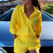 2db/szett Női ing rövidnadrág öltöny lecsavarható gallér hosszú ujjú tréningruha fém gyűrű cipzár toll nyomott póló felső nadrág készlet