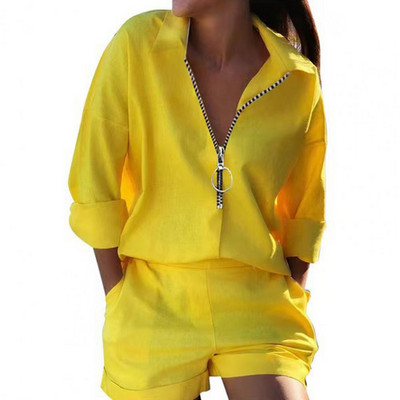 2db/szett Női ing rövidnadrág öltöny lecsavarható gallér hosszú ujjú tréningruha fém gyűrű cipzár toll nyomott póló felső nadrág készlet