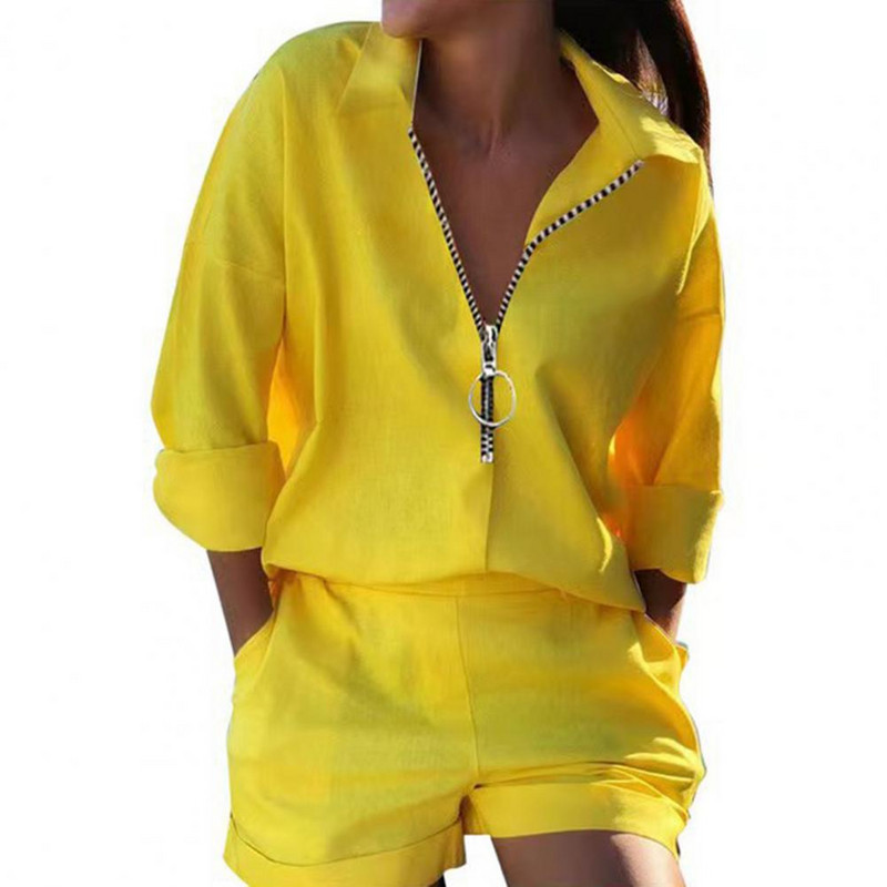 2db/szett Női ing rövidnadrág öltöny lecsavarható gallér hosszú ujjú tréningruha fém gyűrű cipzár toll nyomott póló felső nadrág készlet