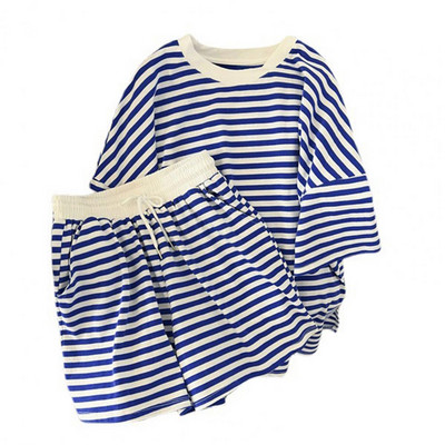 Sieviešu T-krekls Šorti Uzvalks Vasaras Svītrains Īsas Piedurknes Noapaļkaka Brīvs Elastīgs Viduklis Sieviešu Ikdienas T-krekls Īsas Bikses Uzvalks Sports