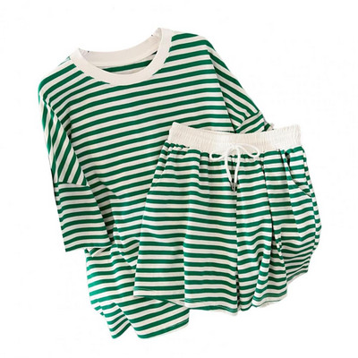 Sieviešu T-krekls Šorti Uzvalks Vasaras Svītrains Īsas Piedurknes Noapaļkaka Brīvs Elastīgs Viduklis Sieviešu Ikdienas T-krekls Īsas Bikses Uzvalks Sports