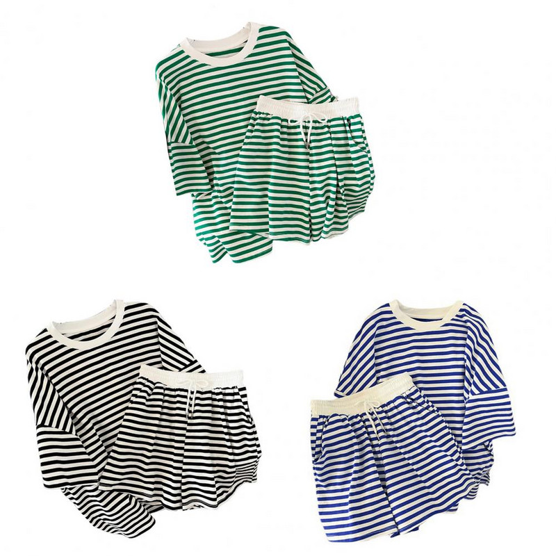 Sieviešu T-krekls Šorti Uzvalks Vasaras Svītrains Īsas Piedurknes Noapaļkaka Brīvs Elastīgs Viduklis Sieviešu Ikdienas T-krekls Īsas Bikses Uzvalks Sports