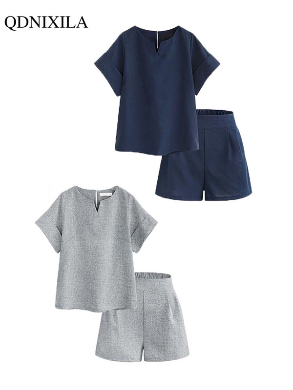 2022. gada vasaras modes jauni kokvilnas lina lielizmēra sieviešu šortu komplekti T-krekla augšdaļa ar īsām piedurknēm un šorti, divdaļīgs komplekts