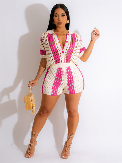 JRRY seksīgs sieviešu trikotāžas komplekts, divu gabalu komplekti, nolaižami apkakles ar īsām piedurknēm augšējās bikses Cover Ups dobās pludmales bikses