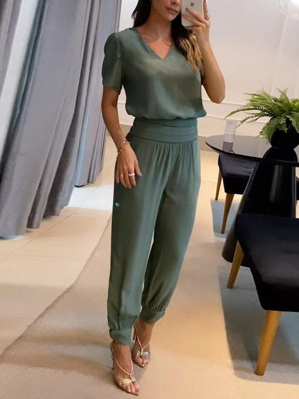 2024-es új, hosszú nadrág szettek Nyári divat Alkalmi V-nyakú nyomtatott rövid ujjú nadrágkosztüm, kétrészes szett 2 részes szettek női ruhák