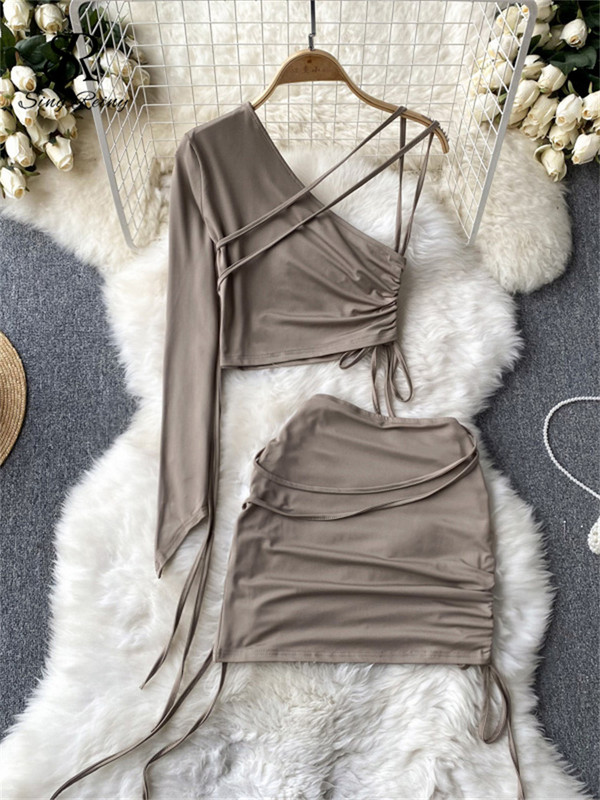 SINGREINY Senior Fashion kétrészes női öltönyök szexi egy vállú, hosszú ujjú, húzózsinóros felső+rövid Bodycon szoknya Hotsweet szettek