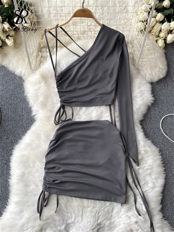 SINGREINY Senior Fashion kétrészes női öltönyök szexi egy vállú, hosszú ujjú, húzózsinóros felső+rövid Bodycon szoknya Hotsweet szettek