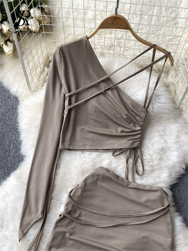 SINGREINY Senior Fashion kétrészes női öltönyök szexi egy vállú, hosszú ujjú, húzózsinóros felső+rövid Bodycon szoknya Hotsweet szettek