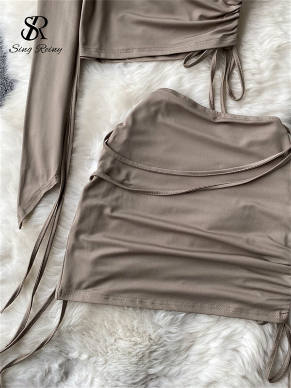 SINGREINY Senior Fashion kétrészes női öltönyök szexi egy vállú, hosszú ujjú, húzózsinóros felső+rövid Bodycon szoknya Hotsweet szettek