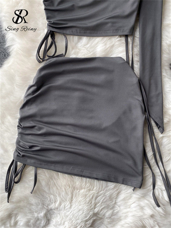 SINGREINY Senior Fashion kétrészes női öltönyök szexi egy vállú, hosszú ujjú, húzózsinóros felső+rövid Bodycon szoknya Hotsweet szettek