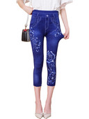 LJCUIYAO, vară, ocazional, blugi artificiali, poarta femeilor leggings cu imprimeu bujor, capris, imitație de denim, pantaloni sport elastici.