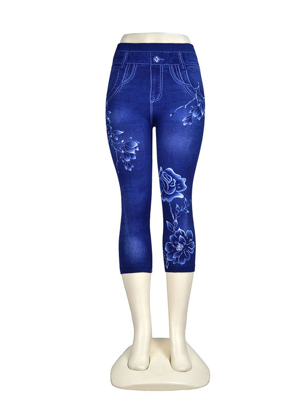 LJCUIYAO, vară, ocazional, blugi artificiali, poarta femeilor leggings cu imprimeu bujor, capris, imitație de denim, pantaloni sport elastici.