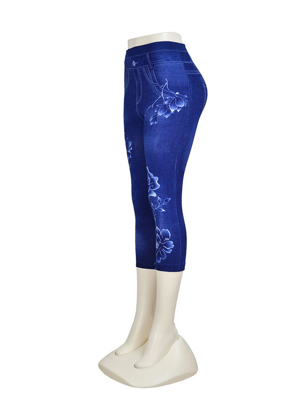 LJCUIYAO, vară, ocazional, blugi artificiali, poarta femeilor leggings cu imprimeu bujor, capris, imitație de denim, pantaloni sport elastici.