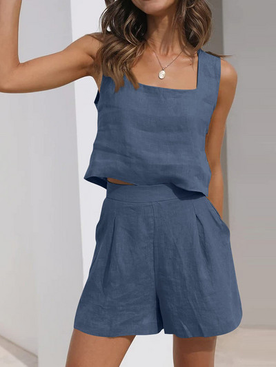 Sieviešu vasaras 2 daļīgs apģērbs, atpūtas komplekti, kas atbilst divdaļīgiem lina šortiem, 2023. gada moderns apģērbu brīvdienu komplekts, 7 krāsu