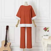 Három negyed ujjú póló Stílusos női felső nadrág szett kerek nyakkal, három negyed ujjú, kontraszt színű póló A számára