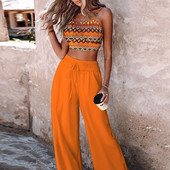 Vasariniai apkarpyti kelnaitės be petnešėlių + platus kelnių rinkinys su aukštu juosmeniu, moteriškas atostogų paplūdimio plonas 2 vnt. komplektas Madingi High Street drabužiai be nugaros