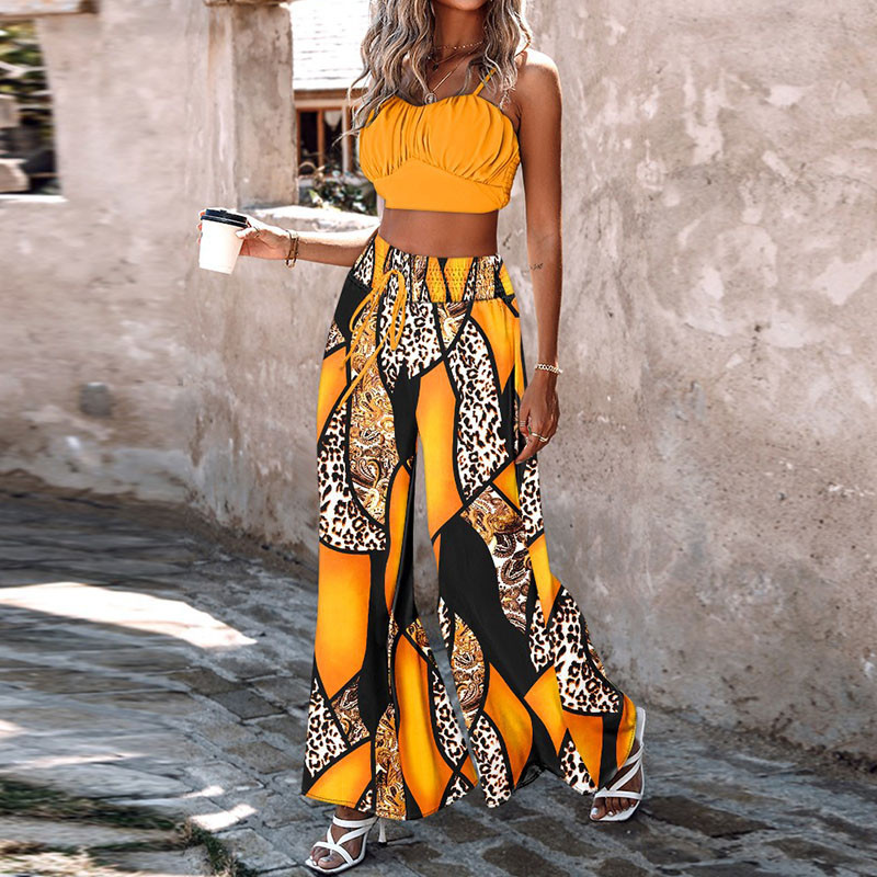 Vasariniai apkarpyti kelnaitės be petnešėlių + platus kelnių rinkinys su aukštu juosmeniu, moteriškas atostogų paplūdimio plonas 2 vnt. komplektas Madingi High Street drabužiai be nugaros