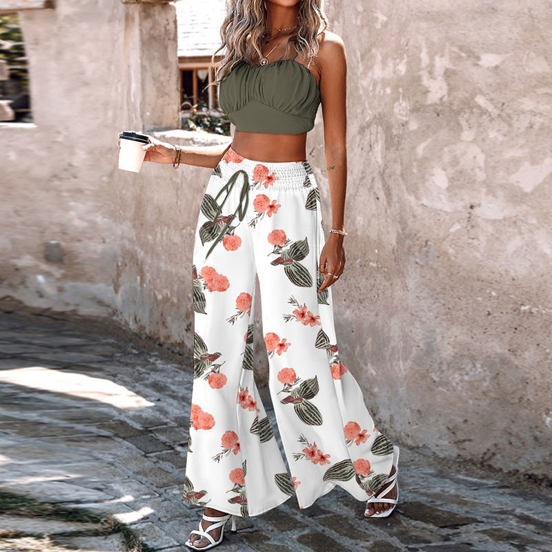 Vasariniai apkarpyti kelnaitės be petnešėlių + platus kelnių rinkinys su aukštu juosmeniu, moteriškas atostogų paplūdimio plonas 2 vnt. komplektas Madingi High Street drabužiai be nugaros