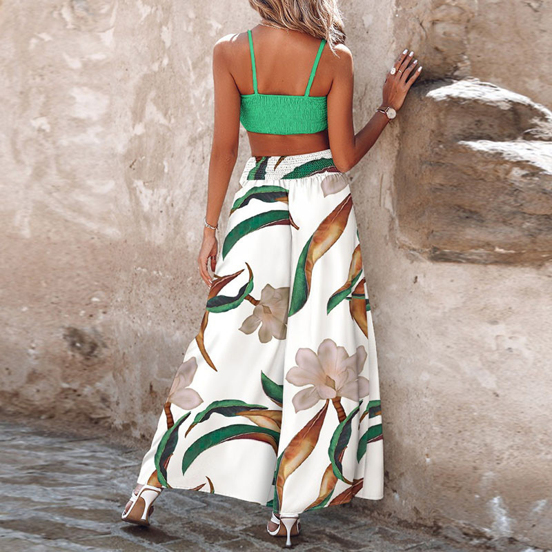 Vasariniai apkarpyti kelnaitės be petnešėlių + platus kelnių rinkinys su aukštu juosmeniu, moteriškas atostogų paplūdimio plonas 2 vnt. komplektas Madingi High Street drabužiai be nugaros