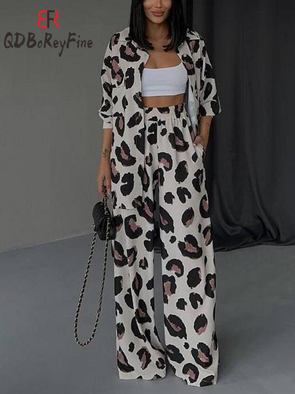 Eleganti sieviešu komplekti ar leoparda apdruku Ikdienas ielas apģērbs, topi ar garām piedurknēm, platas bikses, treniņtērps, divdaļīgi komplekti, sieviešu tērpi