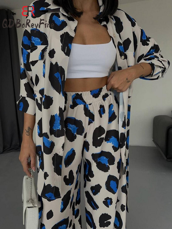 Eleganti sieviešu komplekti ar leoparda apdruku Ikdienas ielas apģērbs, topi ar garām piedurknēm, platas bikses, treniņtērps, divdaļīgi komplekti, sieviešu tērpi