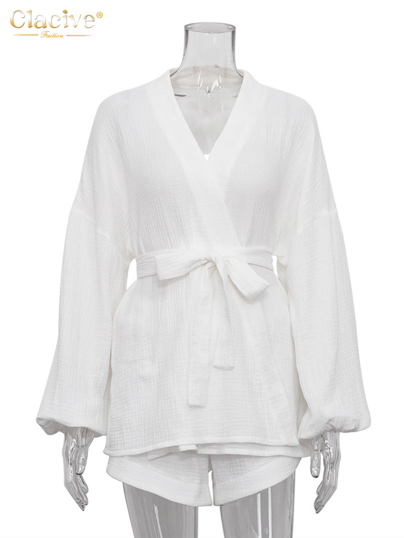 Clacive ikdienas balts sieviešu vasaras uzvalks, moderns šortu komplekts ar augstu vidukli Sieviešu elegants, brīvs garās piedurknes halāti, divdaļīgs komplekts