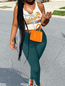 LW SXY Set de pantaloni multicolori din doua piese Pulover cu imprimeu cu scrisori de vacanta Cami Top alb si Jambiere elastice slabe, verde, 2 buc