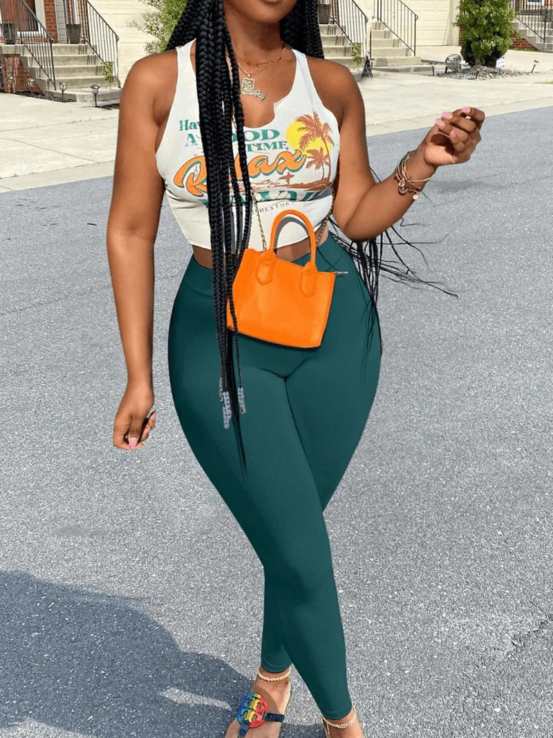 LW SXY Set de pantaloni multicolori din doua piese Pulover cu imprimeu cu scrisori de vacanta Cami Top alb si Jambiere elastice slabe, verde, 2 buc