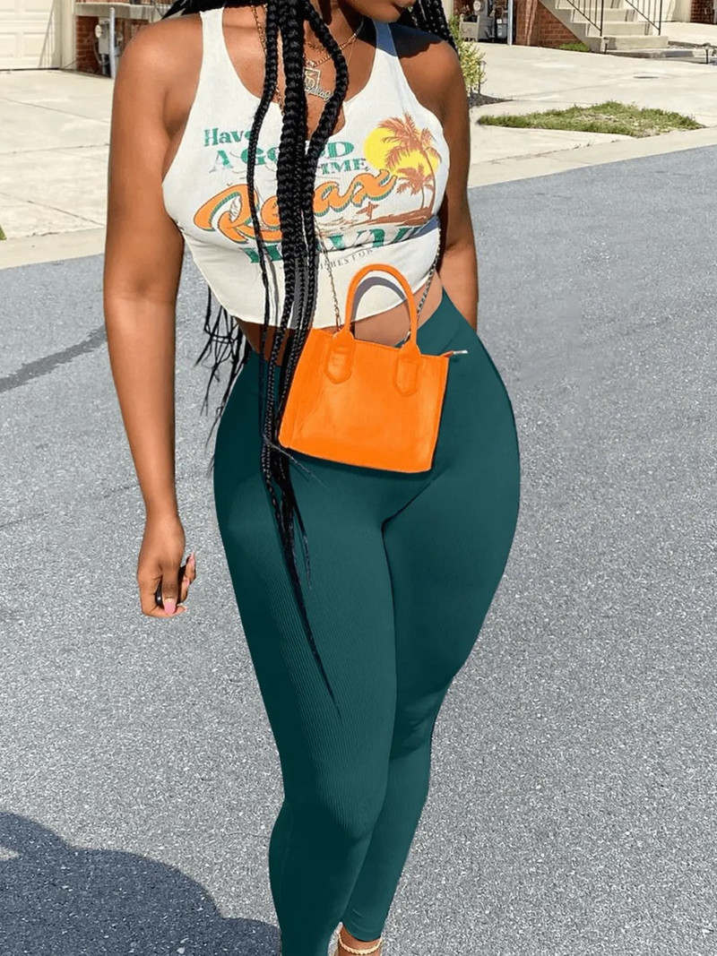 LW SXY Set de pantaloni multicolori din doua piese Pulover cu imprimeu cu scrisori de vacanta Cami Top alb si Jambiere elastice slabe, verde, 2 buc