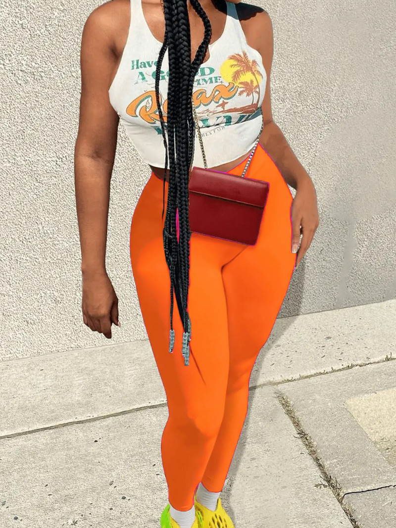 LW SXY Set de pantaloni multicolori din doua piese Pulover cu imprimeu cu scrisori de vacanta Cami Top alb si Jambiere elastice slabe, verde, 2 buc